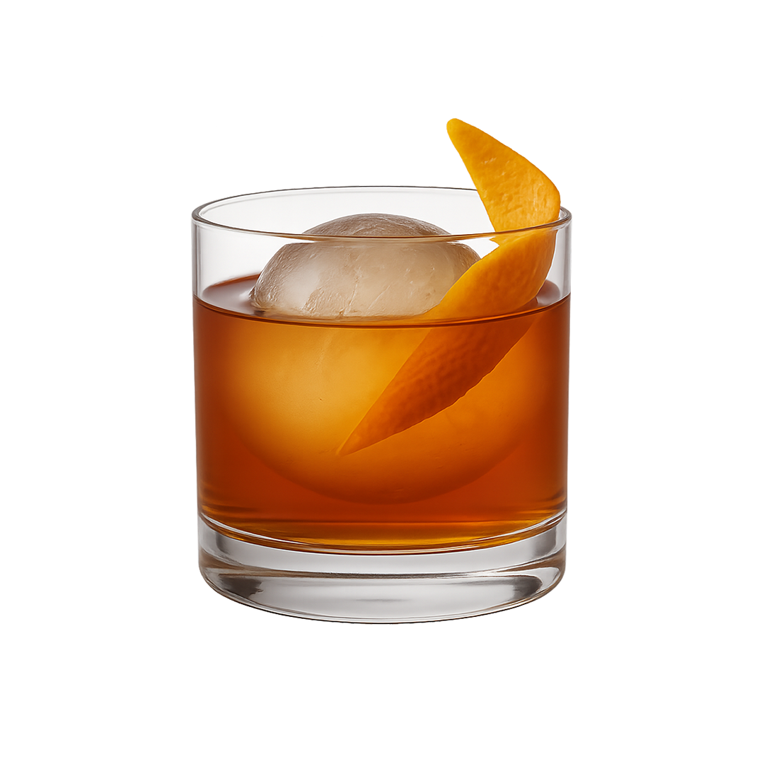 A bright orange cocktail with ice is served in a short glass and garnished with an orange peel on top