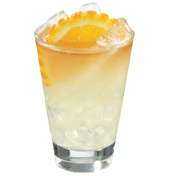 A pale yellow citrus cocktail with ice is served in a short glass and garnished with orange slices on top and along the side of the drink