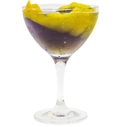 Purple cocktail in a coupe glass with a large lemon peel twist isolated on a white background
