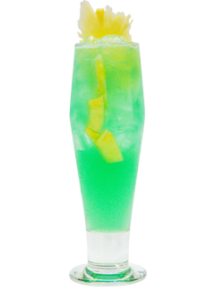Green cocktail in a tall glass with lemon slices and yellow flower garnish on white background