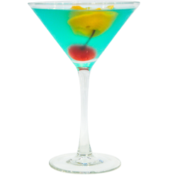 A bright blue cocktail is served in a martini glass with an orange garnish and a red cherry visible inside the drink
