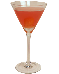 A red cocktail is served in a martini glass with an orange garnish visible inside the drink
