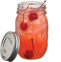 A red cocktail with crushed ice and several cherries is served in a mason jar with the lid placed beside it