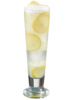 A clear pale yellow cocktail with ice and a foamy top is served in a tall stemmed glass with several lemon slices visible inside and on top