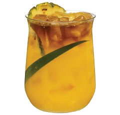 A bright yellow pineapple cocktail with ice is served in a short glass and garnished with a pineapple slice and a green pineapple leaf