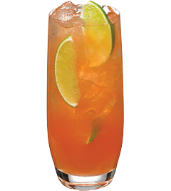 Orange cocktail with ice and lime slices in a tall glass isolated on white background