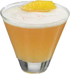 A light orange cocktail with a white foamy top is served in a short glass and garnished with a piece of orange peel
