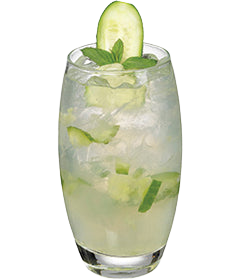 Clear cucumber cocktail with ice cucumber slices and mint leaves in a tall glass