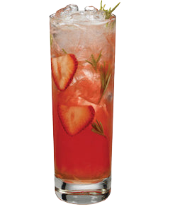 A red strawberry cocktail with ice is served in a tall glass, with sliced strawberries and fresh rosemary sprigs visible inside and a small rosemary garnish on top.