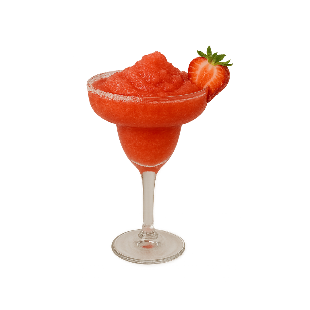 A bright red strawberry cocktail is served in a tall rounded glass, with strawberry slices visible inside and a fresh whole strawberry with leaves on top