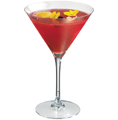 A bright red cocktail is served in a martini glass and garnished with small yellow flowers and a lemon slice.