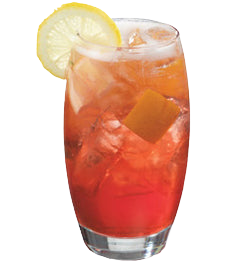 A red-orange cocktail with ice and visible citrus pieces is served in a tall glass and garnished with a lemon slice and an orange-colored fruit piece.