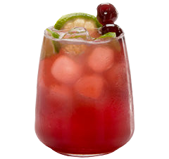 A bright red berry cocktail filled with round ice pieces is served in a stemless glass and garnished with lime slices and two dark cherries.