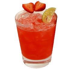 A bright red strawberry cocktail with crushed ice is served in a short glass and garnished with sliced strawberries and a lime wedge.