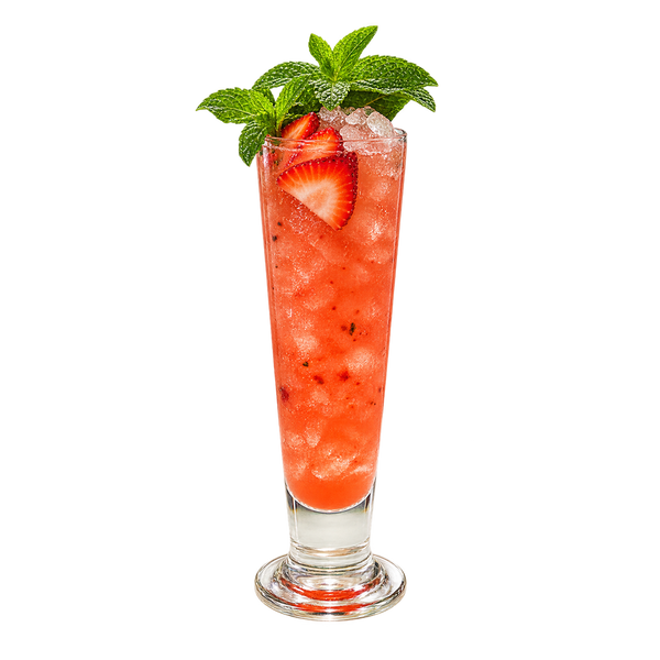 A red strawberry cocktail with ice is served in a tall narrow glass and garnished with sliced strawberries and fresh mint leaves.