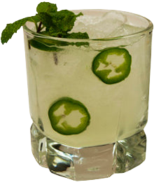 A pale green cocktail with ice is served in a short glass, featuring two jalapeño slices and fresh mint leaves as garnish.