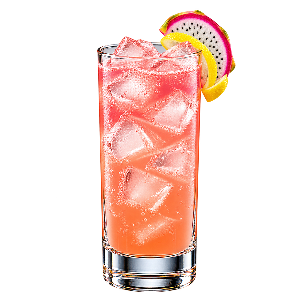 A clear, lightly frothy lemon drink with ice is served in a tall narrow glass, with several lemon slices visible inside.