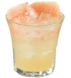 A pale yellow cocktail with crushed ice is served in a short glass and garnished with two pink grapefruit wedges.