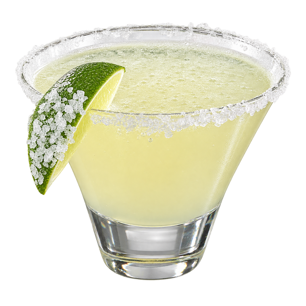 A pale yellow cocktail is served in a martini glass with a coarse salted rim and a lime wedge garnish.