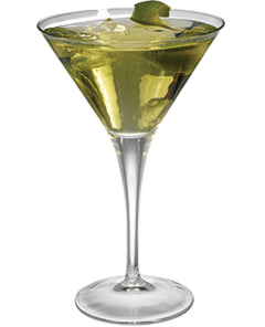 A pale green cocktail with ice is served in a martini glass and garnished with a lime wedge.