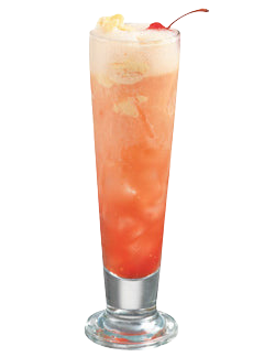 Pink-orange cocktail with ice, foam, lemon garnish, and cherry in a tall glass