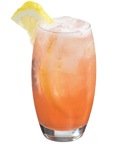 Pink orange cocktail with ice and lemon wedge in a rounded glass on a white background