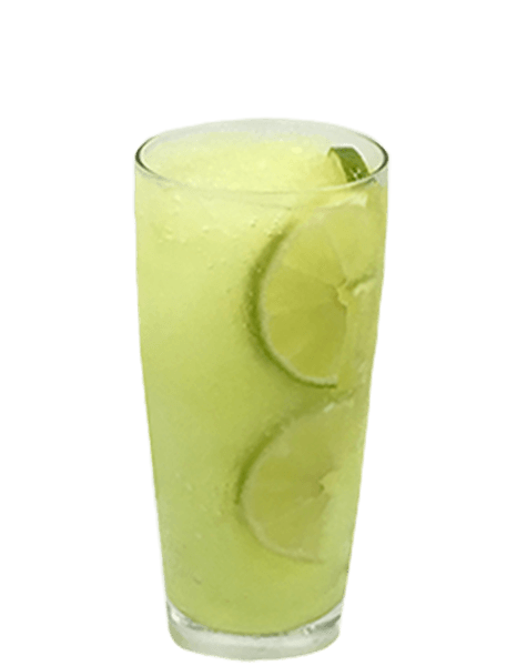 A tall glass of iced lime drink garnished with fresh lime slices on a plain white background   