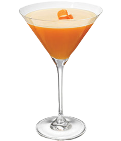 A bright orange cocktail with a light foamy layer is served in a martini glass and garnished with a small orange peel.