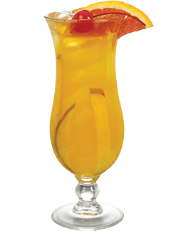 A bright yellow-orange cocktail with ice is served in a tall hurricane glass and garnished with orange and grapefruit slices and a red cherry.