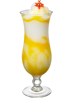 A yellow and white layered frozen drink is served in a tall hurricane glass and topped with a scoop of ice and a small red garnish.