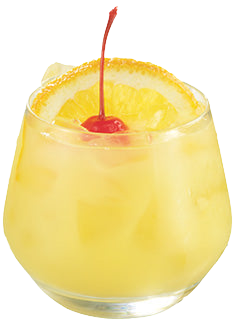 A pale yellow cocktail with ice is served in a rounded short glass and garnished with an orange slice and a red cherry.