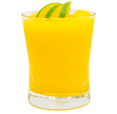 A bright yellow-orange drink is served in a short glass and garnished with several strips of green lime peel