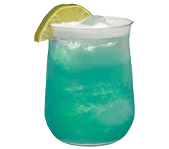 Rocks glass with bright teal drink lime wheel foam layer plain background