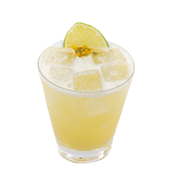 A pale yellow cocktail with ice is served in a short glass and garnished with a lime slice and a small citrus garnish on top