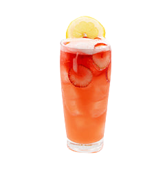 A pink cocktail with ice is served in a tall narrow glass with strawberry slices visible inside and garnished with a lemon slice and strawberry pieces on top.