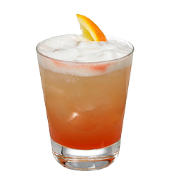Rocks glass with layered orange drink orange wedge plain background