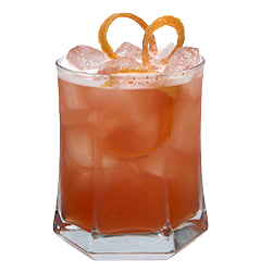 Rocks glass with orange pink iced drink orange peel loops plain background