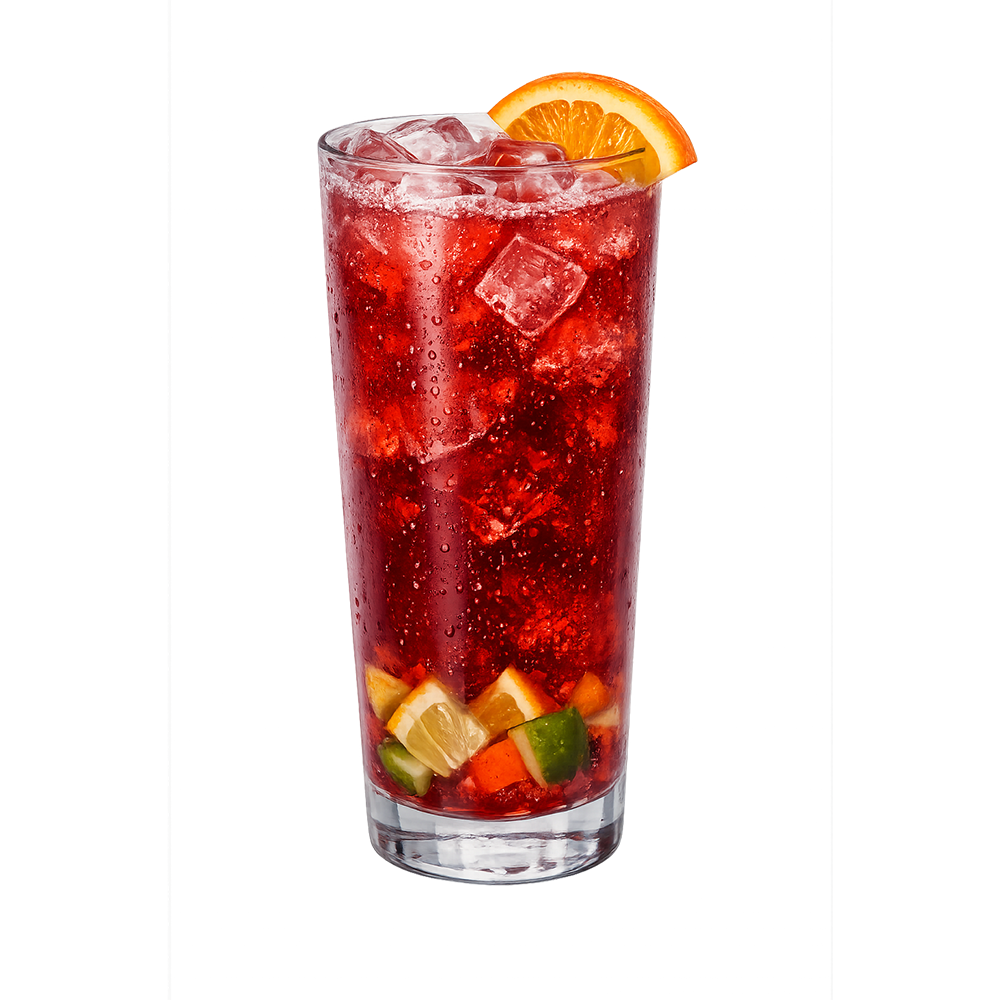 Highball glass with orange red drink lemon wheel plain background