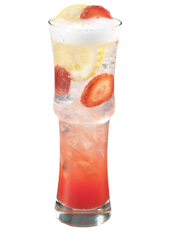 Pilsner glass with layered red clear iced drink lemon wheel strawberry slices plain background