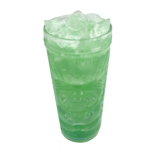 Tiki glass with green iced drink no garnish plain background