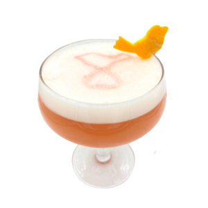 Coupe glass with orange drink orange peel bird plain background