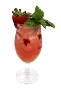 Goblet glass with pink drink strawberry mint sprig plain background