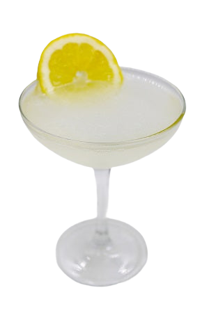 Coupe glass with clear drink lemon wheel plain background