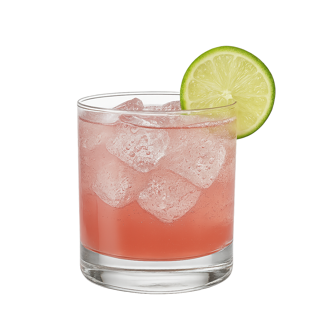 Stemless glass with red drink lime wedge plain background