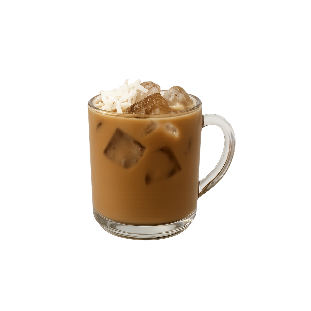 Irish coffee glass with brown iced drink shredded coconut plain background