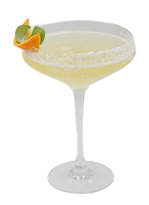 Coupe glass with yellow drink orange peel lime peel plain background