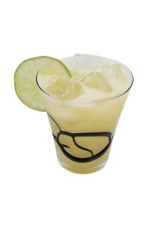 Rocks glass with pale yellow iced drink lime wheel plain background