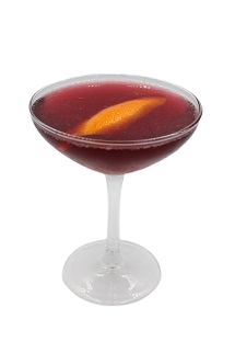 Coupe glass with red drink orange peel plain background
