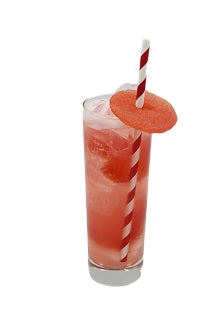 Highball glass with pink iced drink candy wheel red striped straw plain background