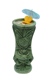 Tiki mug with iced drink fruit garnish paper umbrella plain background